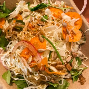 Barnyard Chicken - Shaved cabbage & daikon salad - carrots, pickled jalapeños, crispy garlic, sunflower seeds & ginger soy dressing - Chicken Shop Near Me - North Charleston, South Carolina