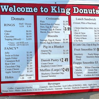 King Donut - a menu on a wall - Donuts Near Me - Williamsburg, Kentucky