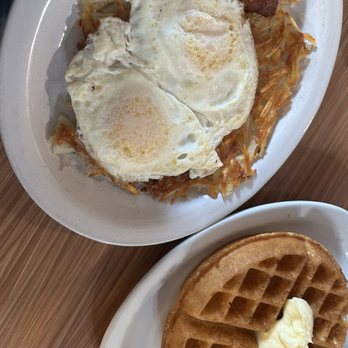 Southshore Cafe - Waffle with 2 eggs on hash $17.95 - American Near Me - Alameda, California Southshore Cafe - Waffle with 2 eggs on hash $17.95 - American Near Me - Alameda, California