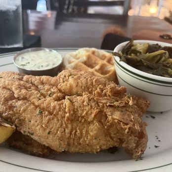 Taste Kitchen Bar - Catfish with greens and biscuit waffle - Breakfast & Brunch Near Me - Houston, Texas Taste Kitchen Bar - Catfish with greens and biscuit waffle - Breakfast & Brunch Near Me - Houston, Texas