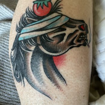 St. Marks Tattoo - Horse in a blindfold, smoking a cigarette, with a tomato on its head a.ka. "Tomato Horse" - Tattoo Near Me - Los Angeles, California St. Marks Tattoo - Horse in a blindfold, smoking a cigarette, with a tomato on its head a.ka. "Tomato Horse" - Tattoo Near Me - Los Angeles, California