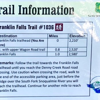 Franklin Falls Trailhead - Trail Information. Hike is 1 mile one way and goes up 370' in elevation. Easy & short. - Hiking Near Me - North Bend, Washington
