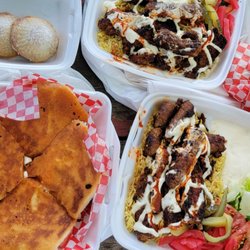 It's About Thyme - Chicken shawarma wrap, 2 soujouk (spiced ground beef) plates, soujouk pocket, and walnut dessert