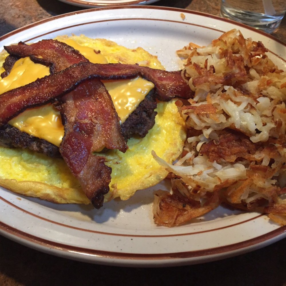 Vern's Place - Open faced hamburger with bacon and cheese omelette - Breakfast & Brunch Near Me - Laporte, Colorado Vern's Place - Open faced hamburger with bacon and cheese omelette - Breakfast & Brunch Near Me - Laporte, Colorado