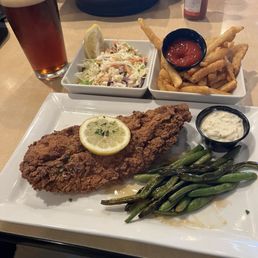 Lunch catfish with a side of slaw. Slaw is amazing btw. Green beans like mom used to make. Fries are awesome.
