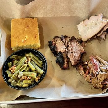 Mission BBQ - 3- meat sampler with green beans and a piece of cornbread - Barbeque Near Me - Nashville, Tennessee Mission BBQ - 3- meat sampler with green beans and a piece of cornbread - Barbeque Near Me - Nashville, Tennessee