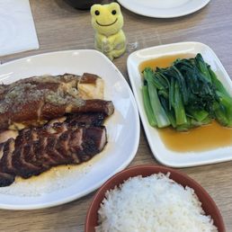 soy sauce chicken and roast pork, choy sum veggies soy sauce chicken and roast pork, choy sum veggies