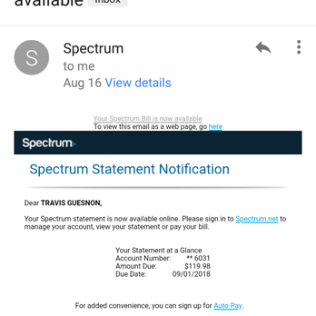 Spectrum - Bill dated 8/16/18 of $119.98 due on 9/1/18. - Television Service Providers Near Me - Ontario, California Spectrum - Bill dated 8/16/18 of $119.98 due on 9/1/18. - Television Service Providers Near Me - Ontario, California