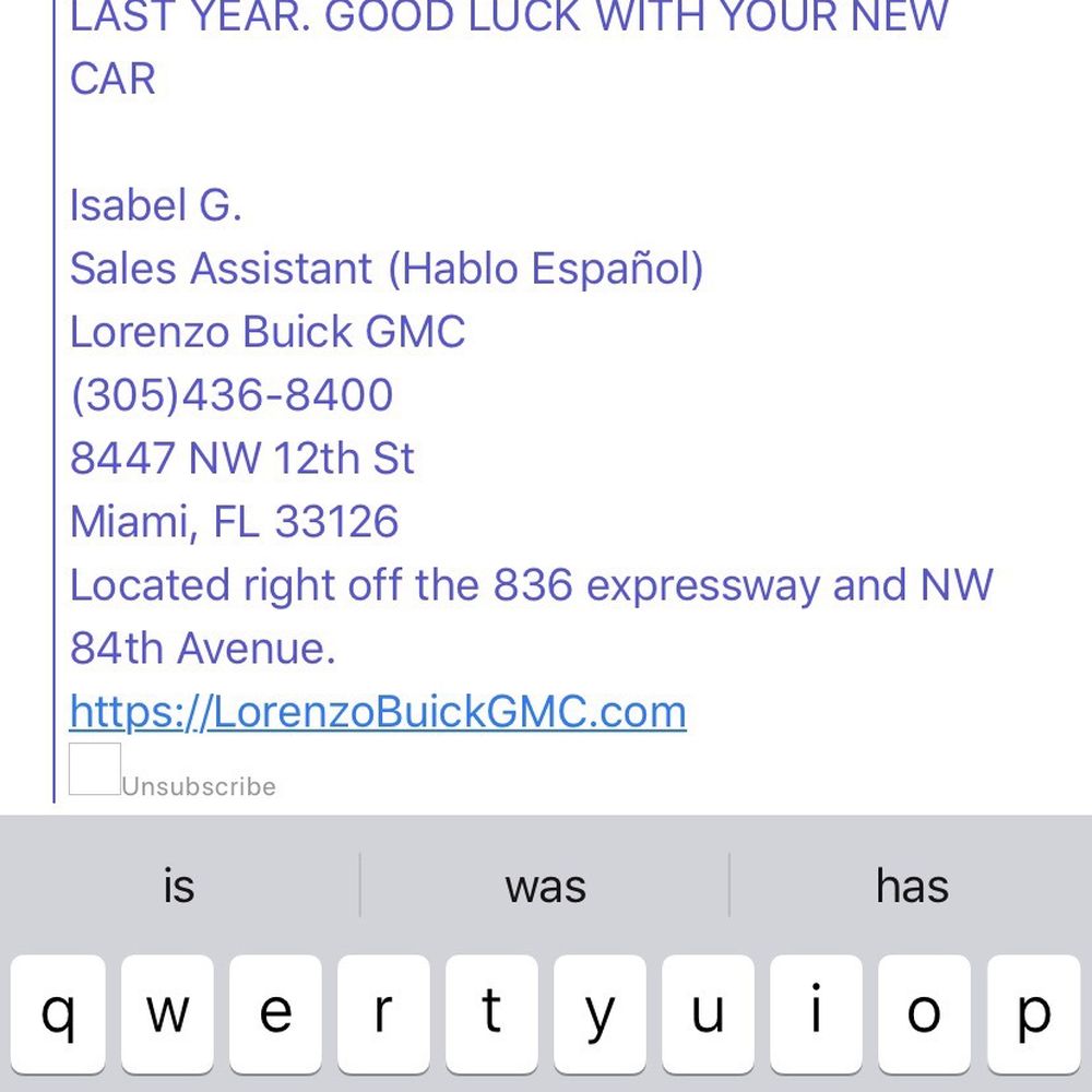 Lorenzo Buick GMC - Email from internet sales manager. Stay away from this dealerships. - Car Dealers Near Me - Miami, Florida Lorenzo Buick GMC - Email from internet sales manager. Stay away from this dealerships. - Car Dealers Near Me - Miami, Florida