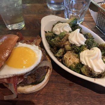 Sugarbacon Proper Kitchen - Brunch burger minis hollandaise sauce and cheese. Upgrade to Crispy Brussel Sprouts over potatoes. - New American Near Me - McKinney, Texas Sugarbacon Proper Kitchen - Brunch burger minis hollandaise sauce and cheese. Upgrade to Crispy Brussel Sprouts over potatoes. - New American Near Me - McKinney, Texas
