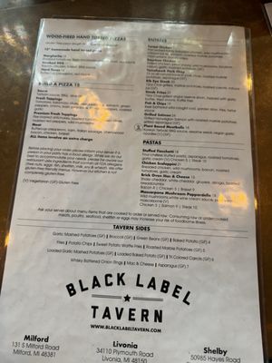 Menu photo 2 Black Label Tavern Shelby Township, MI