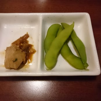 Ginza Sushi - I guess a sampler before the meal. They just gave us this. It's a fried poke and edamame - Sushi Bars Near Me - Honolulu, Hawaii Ginza Sushi - I guess a sampler before the meal. They just gave us this. It's a fried poke and edamame - Sushi Bars Near Me - Honolulu, Hawaii