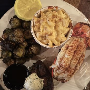 Oakside - Land & Sea with roasted brussel sprouts and Mac and cheese - Seafood Near Me - Big Bear Lake, California
