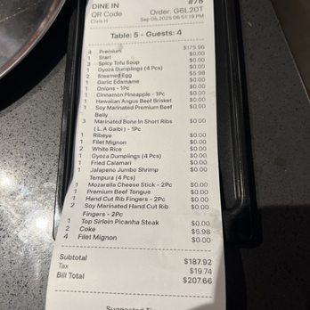Let's Gogi - 3 adults my daughter is over 3 feet-so she get charge like a adult I won't it mind paying if the meat was premium quality not poor quality - Korean Near Me - Downey, California