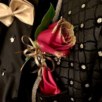 CPS Flowers - Red rose dipped in gold glitter boutonnière with gold and black trim.  He looked amazing and got compliments all night. - Florists Near Me - Monterey Park, California
