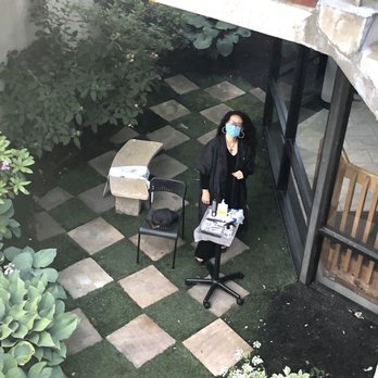 Dellaria Salons & Spa Newton - Pam ready for my haircut in the courtyard during covid-19. - Hair Salons Near Me - Newton, Massachusetts