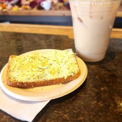 World Cup - Chevre, herb and lemon Levan sourdough toast, chai tea latte