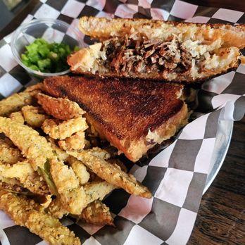 Smoke Bourbon and BBQ - Brisket Rueben with a side of fried Okra and Banana Peppers - Cocktail Bars Near Me - Columbus, Georgia
