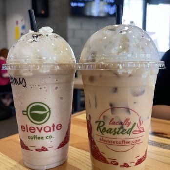 Elevate Coffee - Left to Right: Caramel Frappe & Iced White Chocolate Mocha (sub oatmilk) - Coffee & Tea Near Me - Phoenix, Arizona