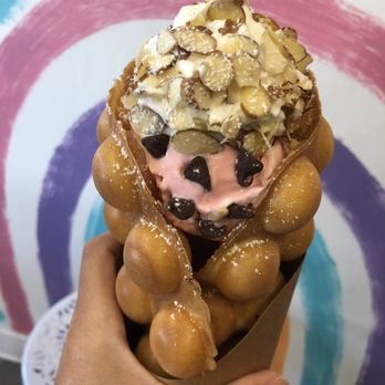 Double Three - Strawberry ice cream with almond slices, whip cream on an original waffle cone - Ice Cream & Frozen Yogurt Near Me - Honolulu, Hawaii Double Three - Strawberry ice cream with almond slices, whip cream on an original waffle cone - Ice Cream & Frozen Yogurt Near Me - Honolulu, Hawaii