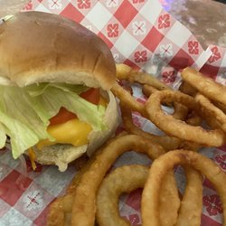 Silver Lake Inn - Slider with the Works ($1.75) and Onion Rings