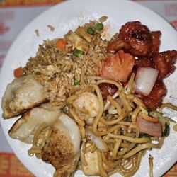 China Garden - Dinner plate chicken chow mein, fried rice, sweet and sour pork and pot stickers