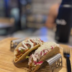 Turco Taco - Tinga taco con pollo and pork taco with Pico and yogurt cream sauce