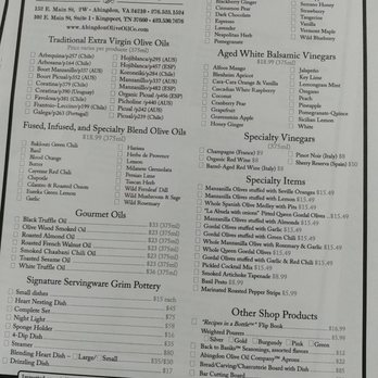 Abingdon Olive Oil Company - Options available for purchase and price sheet. - Olive Oil Near Me - Abingdon, Virginia Abingdon Olive Oil Company - Options available for purchase and price sheet. - Olive Oil Near Me - Abingdon, Virginia