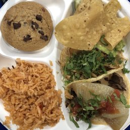 Pre-Cana catering at Good Shepherd Parish. One carne Assad taco, one chicken taco, beans under all the rice!