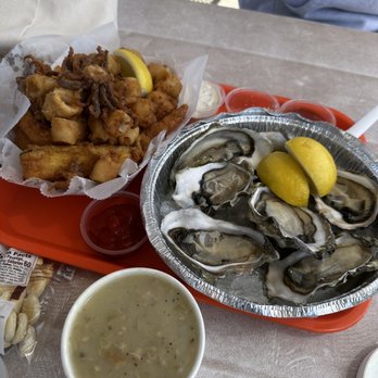 Barbara's Fishtrap - Fresh Made Clam Chowder, Oysters on half shell, and Mini Fishtrap Tempura - Seafood Near Me - Half Moon Bay, California