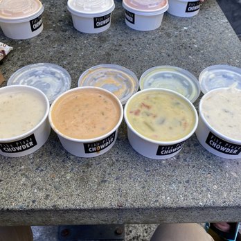 Pike Place Chowder - 4-Sampler Feast (Seared Scallop, Smoked Salmon, Coconut Lime, Halibut Asparagus) - Seafood Near Me - Seattle, Washington Pike Place Chowder - 4-Sampler Feast (Seared Scallop, Smoked Salmon, Coconut Lime, Halibut Asparagus) - Seafood Near Me - Seattle, Washington