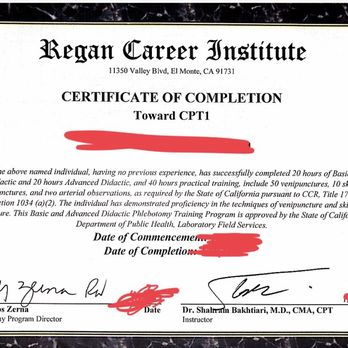 Regan Career Institute - Certification of Completion - Nursing Schools Near Me - El Monte, California