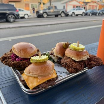 Rosemarie’s - Bombay hot chicken, rosiemac, little sal, and Nashville hot chicken sliders ($8.50 each) - Sandwiches Near Me - San Diego, California Rosemarie’s - Bombay hot chicken, rosiemac, little sal, and Nashville hot chicken sliders ($8.50 each) - Sandwiches Near Me - San Diego, California