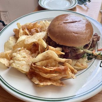 Jordan Pond House - Bbq sandwich with chips - Seafood Near Me - Seal Harbor, Maine