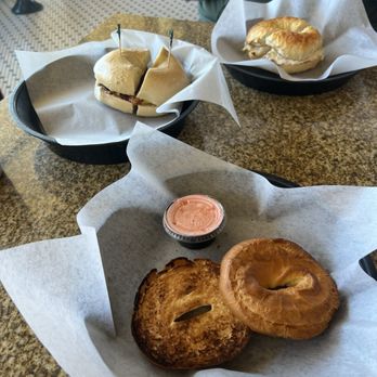 New York Bagel Cafe - Gluten free plain bagel with strawberry cream cheese. Back two bagels are not gluten free. - Bakeries Near Me - Tulsa, Oklahoma New York Bagel Cafe - Gluten free plain bagel with strawberry cream cheese. Back two bagels are not gluten free. - Bakeries Near Me - Tulsa, Oklahoma