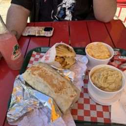 chicken wrap, mac and cheese, chicken dripping mashed potato's, and Waffle Fries chicken wrap, mac and cheese, chicken dripping mashed potato's, and Waffle Fries