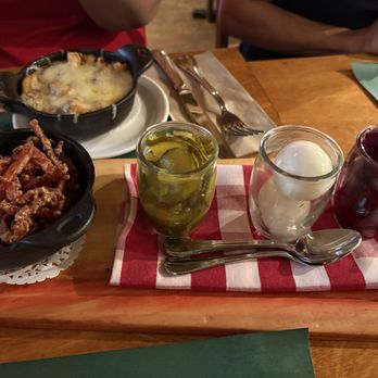 La Bûche - Appetizers of maple pork, pickles, pickled egg, beets - Canadian (New) Near Me - Quebec City, Quebec La Bûche - Appetizers of maple pork, pickles, pickled egg, beets - Canadian (New) Near Me - Quebec City, Quebec