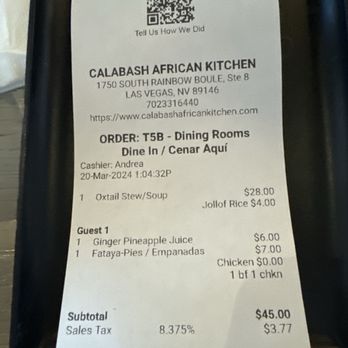 Calabash African Kitchen - Receipt with prices - African Near Me - Las Vegas, Nevada