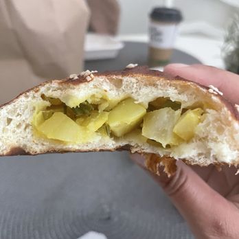 Bolivar Bread Bakery - Potato samosa in a pretzel roll - Bakeries Near Me - Harpers Ferry, West Virginia