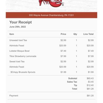 Red Lobster - Receipt - Seafood Near Me - Chambersburg, Pennsylvania Red Lobster - Receipt - Seafood Near Me - Chambersburg, Pennsylvania