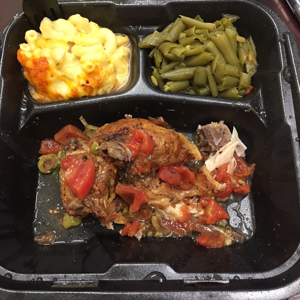 Baked chicken with Mac/cheese and green beans delivered by waiter. Terrible! Baked chicken with Mac/cheese and green beans delivered by waiter. Terrible!