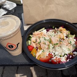 Pressed Cafe - Peanut butter power smoothie and sababa salmon salad