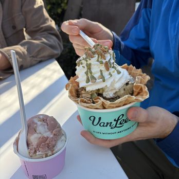 Van Leeuwen Ice Cream - The Point - vegan strawberry shortcake and pistachio sundae with waffle cone - Vegan Near Me - El Segundo, California Van Leeuwen Ice Cream - The Point - vegan strawberry shortcake and pistachio sundae with waffle cone - Vegan Near Me - El Segundo, California