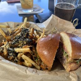 kenji burger, furikake fries and a cold beer kenji burger, furikake fries and a cold beer