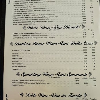 Lino's - A printed wine menu from Lino's Italian restaurant featuring sections for red, white, house wines, sparkling wines, and table wines with prices and descriptions. - Pizza Near Me - Rockford, Illinois