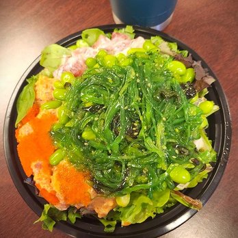 Pokeway - Large bowl with spicy ahi, hamachi, ahi, two sauces, edamame, ocean salad and masago. Yumm!!! - Poke Near Me - Honolulu, Hawaii