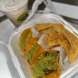 3 carne asada tacos with an horchata