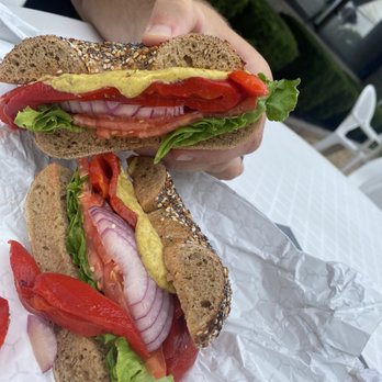 Strathmore Bagels - Whole wheat everything bagel with lettuce, tomato, onion, roasted peppers, and yellow mustard. - Bagels Near Me - Ronkonkoma, New York Strathmore Bagels - Whole wheat everything bagel with lettuce, tomato, onion, roasted peppers, and yellow mustard. - Bagels Near Me - Ronkonkoma, New York