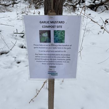 Kettle Pond - Sign asking for you to pick the garlic mustard and dispose here - Hiking Near Me - Madison, Wisconsin