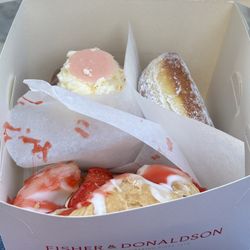 Fisher & Donaldson - Famous fudge donut, a strawberry tower, and a fresh strawberry pastry